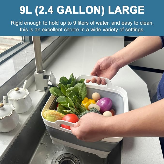 2 Pack Foldable Dish Tub-2 * 9L Dishpan for Washing Dish Tub-Foldable Wash Basin Bucket Portable Sink-Multiuse Collapsible Sink Tub Wash Dish Basin(Grey+Green)-NeatNest