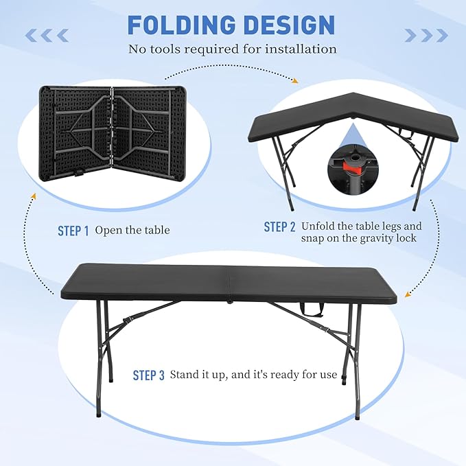 6ft Folding Table, Heavy Duty Foldable Table with Handle, Portable Fold-in-Half Utility Tables for Indoor & Outdoor Use Perfect for Camping BBQ Party Wedding Market Events, Black-NeatNest
