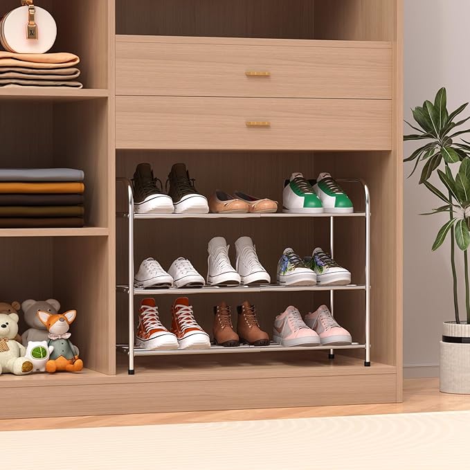 3 Tier Expandable Shoe Rack for Closet, Stainless Steel Shoe Shelf, Strong Weight Capacity Shoes Organizer, Easy to Install and Saving Space Standing Shelf with Sturdy Frame(3 Tier)-NeatNest