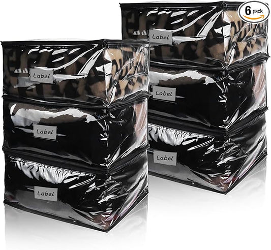 Clear Zippered Storage Bags Plastic Sweater Storage Bags with Zipper 6 Packs Clothing Organizer for Blankets Linen Sweater Bed Sheet Quilt Clothes Pillow (18 x 15 x 9 Inch, Black)-NeatNest