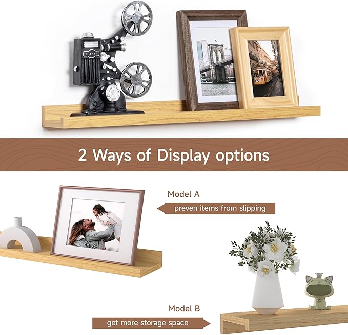 Fun Memories Picture Ledge Shelf, 24 Inch Floating Shelves Set of 2, Nursery Book Shelves for Toys Storage, Kids Bookshelf Wall Mounted for Wall Decor Books Photo Frames, Oak-NeatNest