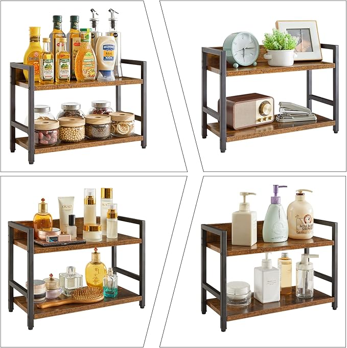 IBUYKE 2-Tier Spice Rack Industrial Counter Shelf Desktop Storage Organizer Standing Seasoning Rack for Countertop Kitchen Office Living Room Desktop Rustic Brown UTLJ002H-NeatNest