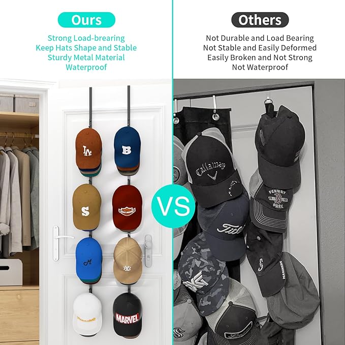 HapiRm Over Door Hat Rack - 4 Packs Metal Hanging Hat Organizer with 16 Hooks Design, Baseball Cap Hanger Organizer Storage Holds up to 80 Caps for Door, Bedroom, Closet-NeatNest