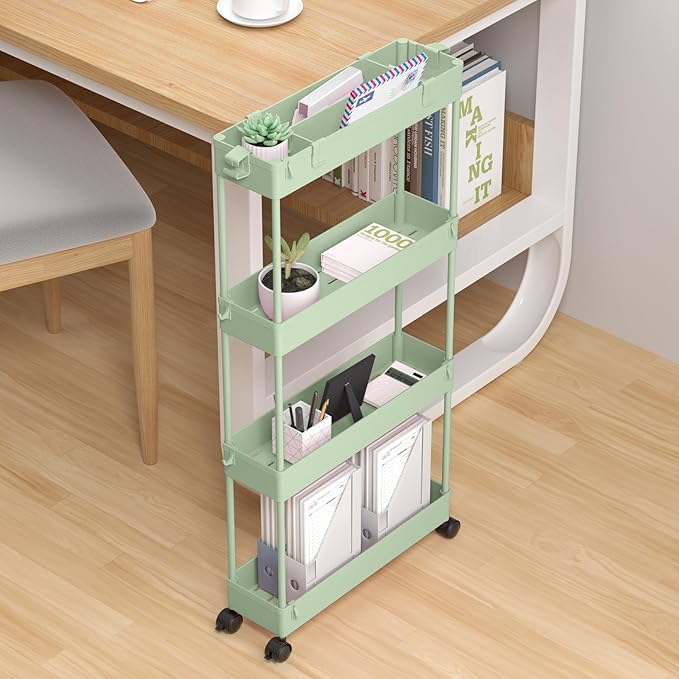 SPACELEAD Slim Storage Cart 4 Tier,Bathroom Organizer Rolling Utility,Mobile Shelving Unit Slide Out for Office, Kitchen, Laundry Room & Narrow Places，Green-NeatNest