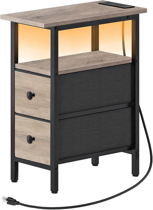 HOOBRO Narrow Side Table with LED Light and USB C Port, Night Stand with Charging Station, Skinny End Table with 2 Fabric Drawers, for Bedroom, Living Room, Greige and Black BG487UDBZ01