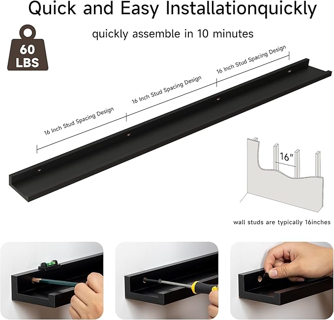 Floating Picture Ledge Shelves for Wall Set of 2, 72 Inches Picture Ledge Shelf with Long Large Nursery Book Shelf for Toys Storage Kids Bookshelf Wall Mounted Living Room Bedroom Decor Frames, Black-NeatNest