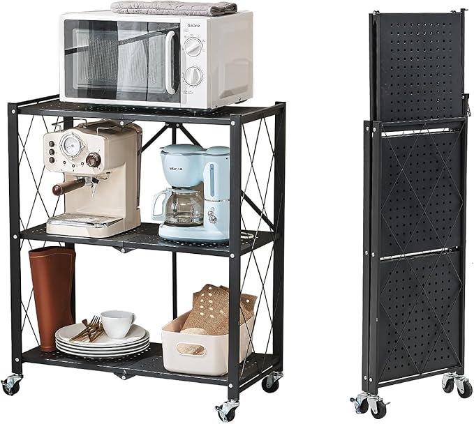 BRIAN & DANY 3-Shelf Foldable Storage Shelves with Wheels, No Assembly Folding Shelf Metal Rack, Shelving Unit for Kitchen, Garage, Black-NeatNest