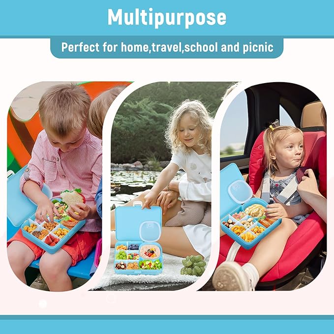 2 Pack Snackle Box Container for Kids,Adjustable Compartments,Reusable Snack Containers with Lids,Easy-Open Latch,Lunch Food Containers,Dishwasher Safe,Leak-Proof Silicone Ring(2 Pack- Blue)-NeatNest