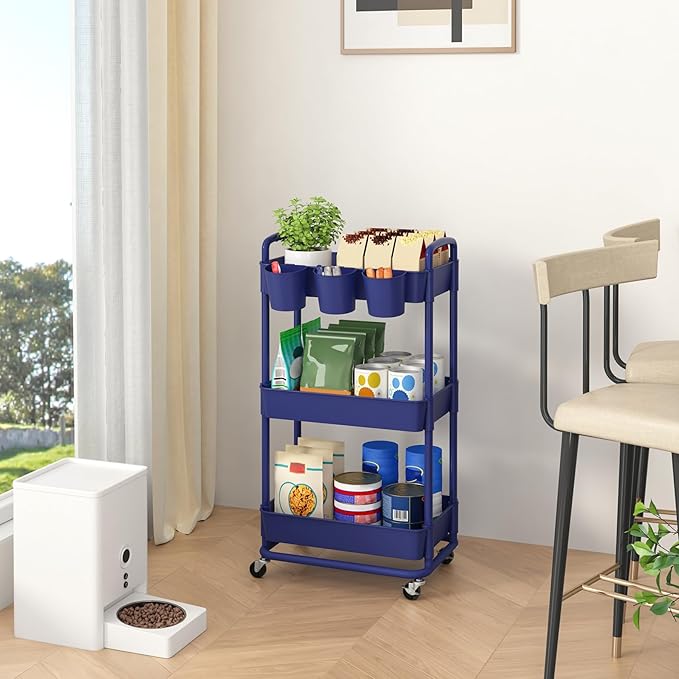 JIUYOTREE 3-Tier Plastic Rolling Storage Cart Utility Cart with Extra Hanging Cups Handles Lockable Wheels for Living Room Bathroom Kitchen Office Blue-NeatNest