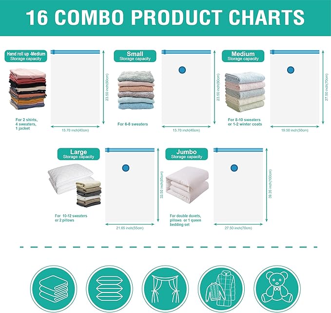 16 Pack Vacuum Storage Bags, Space Saver Bags (2Jumbo/2Large/3Medium/3Small/6Roll) Compression Storage Bags for Comforters and Blankets, Vacuum Sealer Bags for Clothes Storage, Hand Pump Included-NeatNest