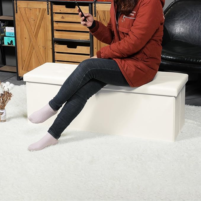 B FSOBEIIALEO Storage Ottoman with Filpping Lids, Ottoman Storage Bench Footrest Seat, Storage Chest Faux Leather 43.3"x15"x15" (White)