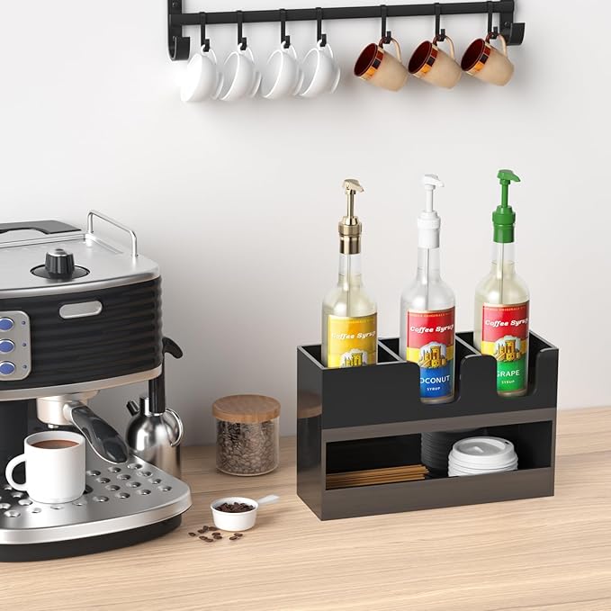 Coffee Condiment and Cup Organizer - 2-Tier Upright Cup and Lid Holder with Straw Organizer 4 Compartments Black Acrylic Cup Dispenser for Restaurant Breakroom Coffee Station Countertop-NeatNest