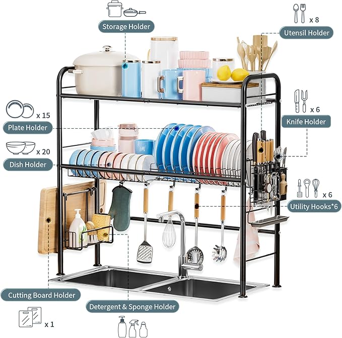 Large Over The Sink Dish Drying Rack, 2 Tier Over Sink Dish Rack with Utensil Holder, Dishes Drainer for Kitchen Counter Kitchen Organizer Metal (Fit≤32" Sink)