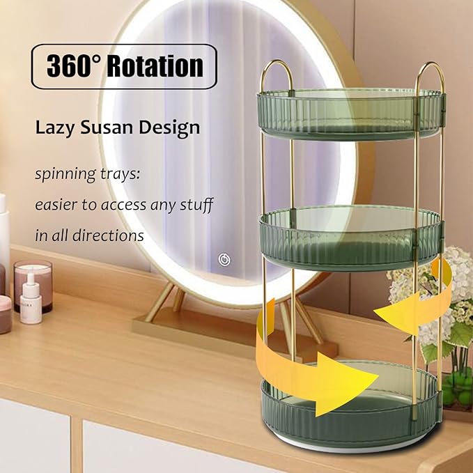 Rotating Makeup Organizer Countertop 3 Tier Lazy Susan Trays Clear Skincare Perfume Storage for Bathroom Counter Vanity, Green Gold-NeatNest