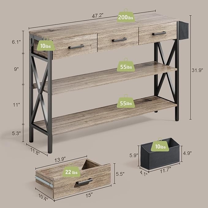 Gizoon 47" Entryway Table with 3 Drawers and 3 Tier Storage Shelves, Industrial Narrow Long Sofa Table, Farmhouse Style Console Table for Living Room, Hallway, Couch, Small Spaces - Grey-NeatNest