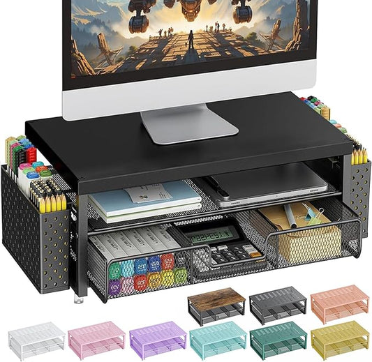 gianotter Wood Monitor Stand Riser, Office Desk Shelf Organizer, Desk Organizer with Drawer and Pen Holder, 2-Tier Computer Stand, Office Organization (Ink)-NeatNest