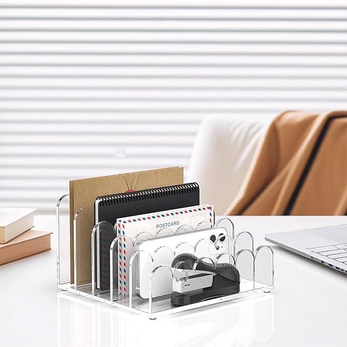 YAGELI 2 Pack 5-Slot Acrylic Mail Organizer for Desktop – Scalloped Clear Document Sorter, Vertical File Holder for Office/Home, Space-Saving Desk Organizer for Letters,Envelope,Bills,Stationery