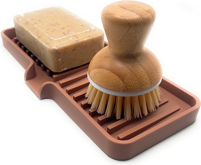 Happitasa Silicone Soap Dish Tray and Sponge Holder with Drain Chute | Bathroom and Kitchen Sink Organizer Caddy (Mocha, 9"x3.5", 5.6 Ounces)-NeatNest