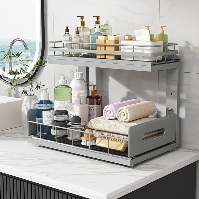 2 Pack Under Sink Organizer Upgrade to Professional Rails,2-Tier Dual Pull Out Cabinet Storage,Height Adjustable Slide Out Drawers for Bathroom Kitchen,Under Sink Shelf-Gun Gray-NeatNest