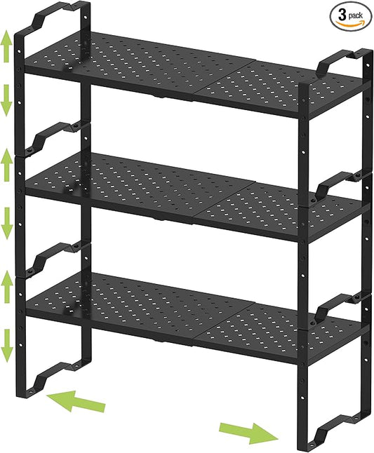 Expandable Shelf for Cabinet Organizer Adjustable Stackable Spice Rack at Kitchen and Bathroom More, Counter Countertop Cupboard Organization Pantry Storage(3 Packs/Black, Medium)-NeatNest