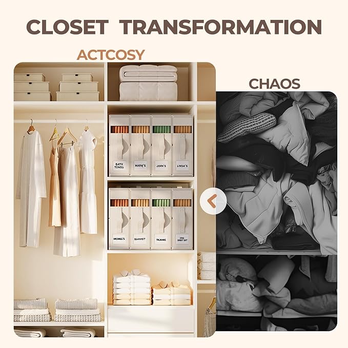 4Pack Sheet Organizers and Storage with Handles – Foldable Linen Closet Storage for King & Queen Sheet Sets – Clear Window & Removable Labels – Dustproof & Space-Saving Design, Off-white-NeatNest