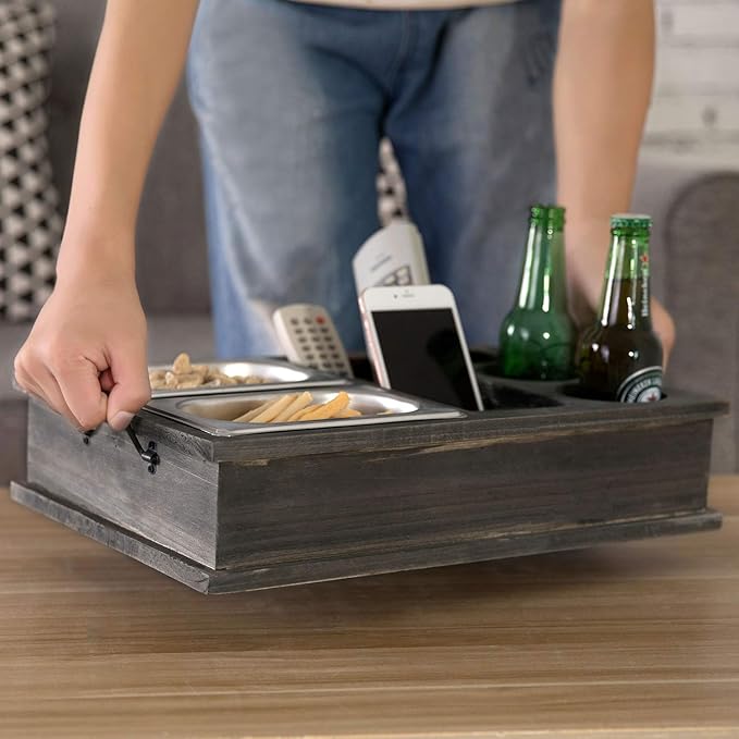 MyGift Vintage Gray Wood Beverage and Snack Server with Remote Control Holder for Living Room, Coffee Table, Caddy for Snacks, Drinks, Remote Control Organizer, TV Tray-NeatNest
