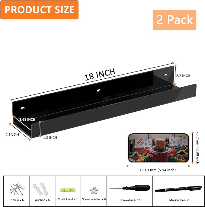 18 Inches Black Acrylic Wall Shelves 2 Pack, Acrylic Home Organizer Shelves for Wall Storage, Space Saver-NeatNest