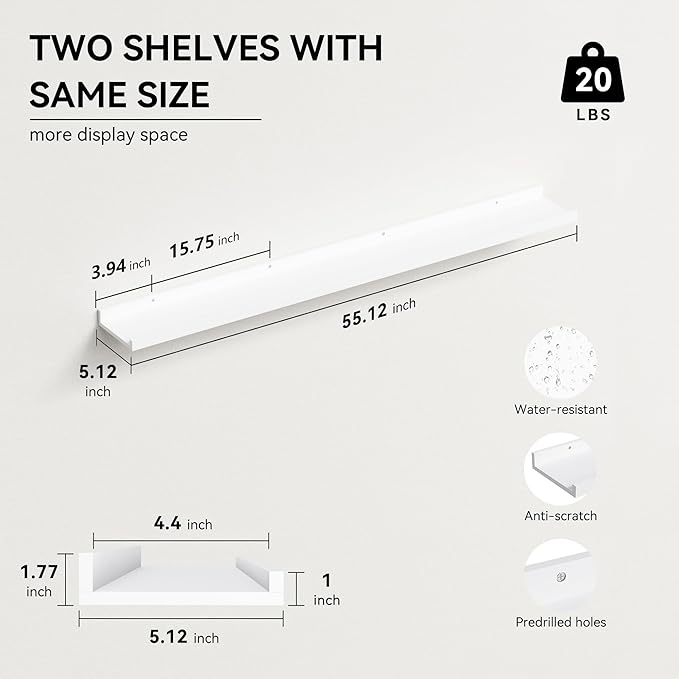 55.1 Inches Long Floating Shelves, 2 Set Rustic Wall Shelf for Bedroom, Nursery Book Shelf with Lip, Picture Ledge Shelf for Living Room, Bathroom, Kitchen - White-NeatNest