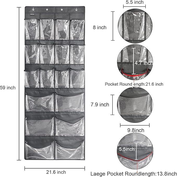 Extra Large Hanging Over Door Shoe Organizer, Closet Shoe Rack - 12+6 Crystal Pockets, 4 Hooks, Black (59"x 21.6")-NeatNest
