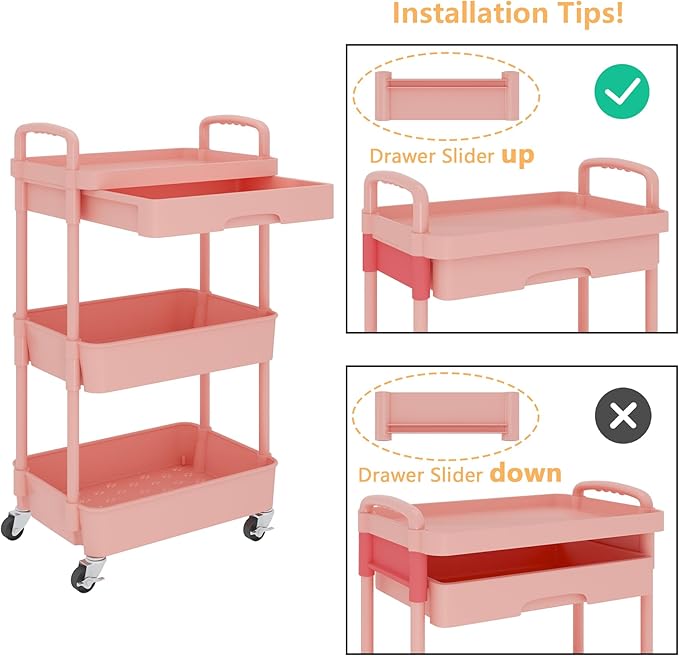 Calmootey 3-Tier Rolling Utility Cart with Drawer,Multifunctional Storage Organizer with Plastic Shelf & Metal Wheel,Storage Cart for Kitchen,Bathroom,Living Room,Office,Pink-NeatNest