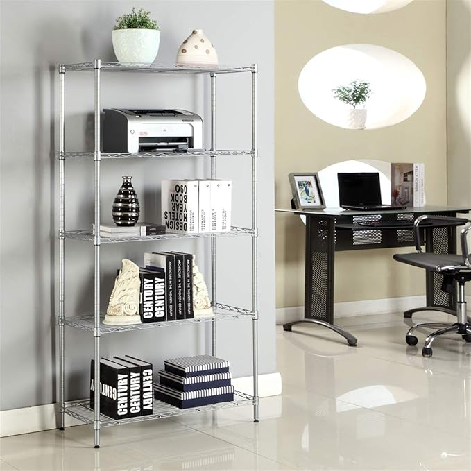 5 Tier Adjustable Storage Shelf Metal Storage Rack Wire Shelving Unit Storage Shelves for Pantry Closet Kitchen Laundry Bathroom (Silver14-5-Tier)