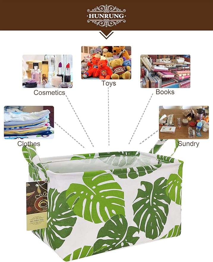 HUNRUNG Rectangle Storage Basket Cute Canvas Organizer Bin for Pet/Children Toys, Books, Clothes Perfect for Rooms/Playroom(Leaf)