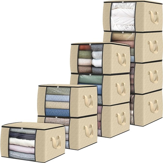 Fab totes 10 Pack Clothes Storage, Foldable Thick Fabric Blanket Storage Bags, Containers for Organizing Bedroom, Closet, Clothing, Comforter,Organization with Handle,Beige-NeatNest