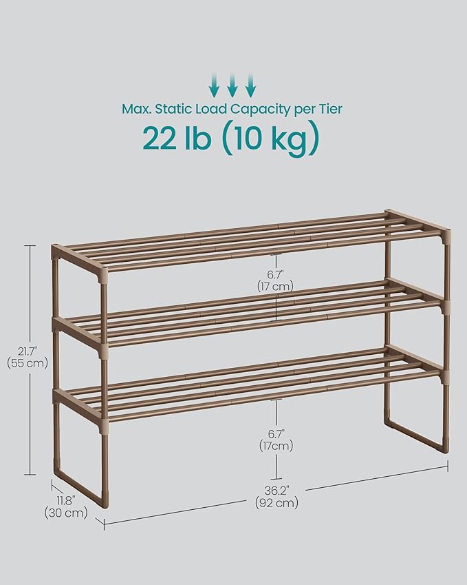 SONGMICS Shoe Rack, 3-Tier Shoe Organizer, Metal Storage Shelf, Upright or Upside Down, for 16-20 Pairs, Stackable, for Entryway, 11.8 x 36.2 x 21.7 Inches, Walnut Brown ULSA303K01-NeatNest
