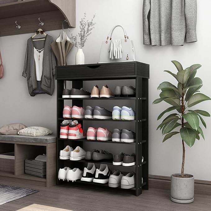 soges 5-Tier Wooden Shoe Rack with Storage Cabinet, 29.5 inches Vertical Free Standing Shoe Shelf, Shoe Organizer Storage Cabinet for Entryway, Living Room, Hallway, Doorway, Black-NeatNest