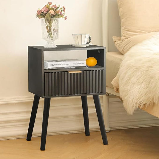 Black Nightstand, Modern Bedside Table with Fluted Drawers, Small Night Stand with Storage and Solid Wood Legs for Bedroom, Dorm and Small Space (Black)-NeatNest