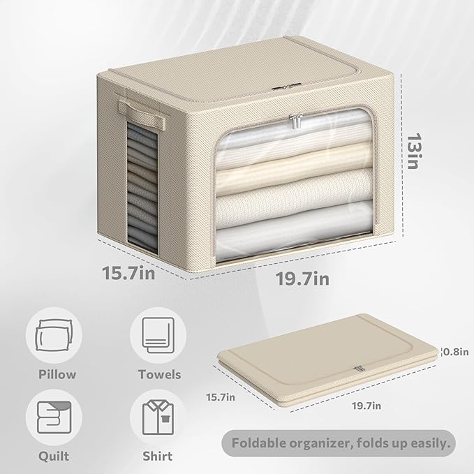 4 Pack Clothes Storage Bins - Oxford Fabric Metal Frame Storage Box - Foldable Stackable Container Organizer Set with Clear Window & Carry Handles & Zippers (Beige, 19.7"x15.7"*13")-NeatNest