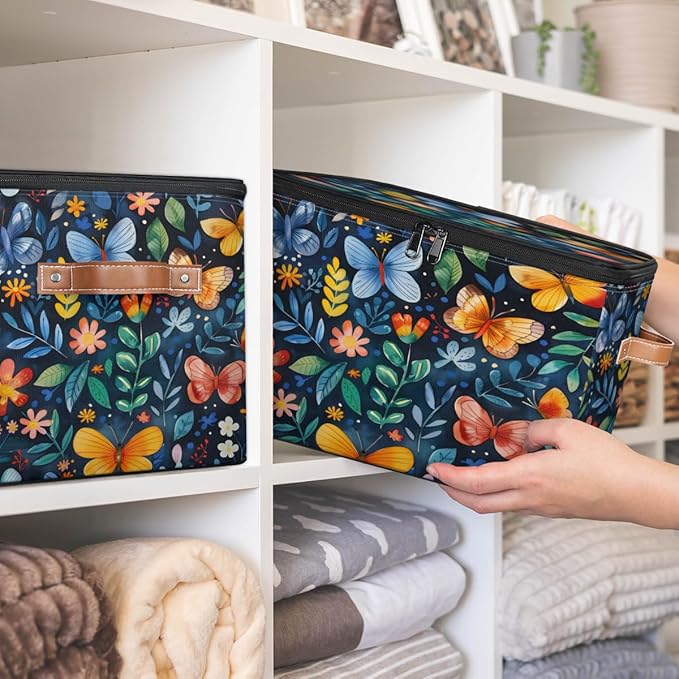 Colorful Butterfly Storage Bins with Zipper Lid, Spring Floral Lidded Storage Baskets Boxes Foldable Organizer with Leather Handles for Clothes Closet Shelf Toys-NeatNest
