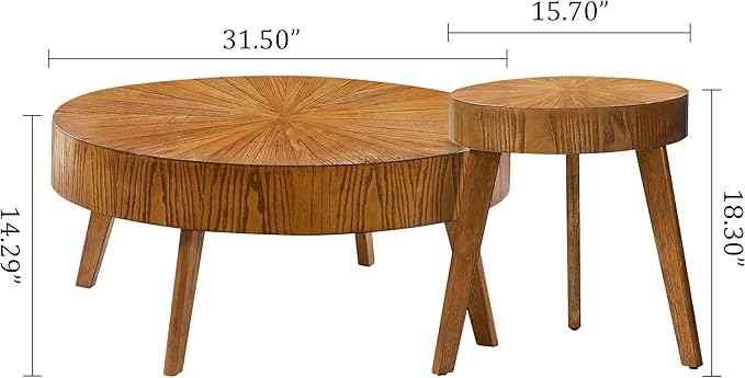 Gexpusm Round Wood Coffee Table Set of 2, Farmhouse Solid Wood Coffee Table ＆ End Table Side Table for Living Room, Circle Rustic End Table Set, No Need Assembly (2 Piece, 31x31x16 in)
