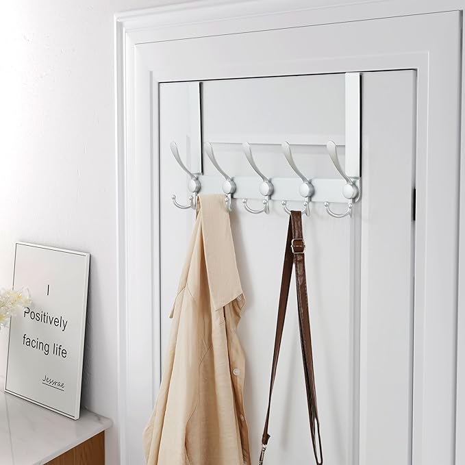 Dseap Over The Door Hook Hanger - 5 Tri Hooks, Heavy Duty Over The Door Towel Rack Coat Rack for Clothes Hat Towel, Silver