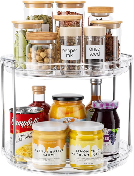 2 Tier Lazy Susan Organizer, 9.25'' Lazy Susan Turntable for Cabinet, Stackable Turntable Organizer Rotating Spice Rack Organization for Kitchen Countertop, Pantry, Bathroom, Clear-NeatNest