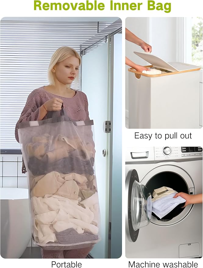 efluky Double Laundry Hamper with Wheels, Divided Laundry Hamper with Removable Bags, 2 Section Dirty Clothes Basket with Handles for Bathroom, Bedroom & Laundry Room, 160L Beige-NeatNest