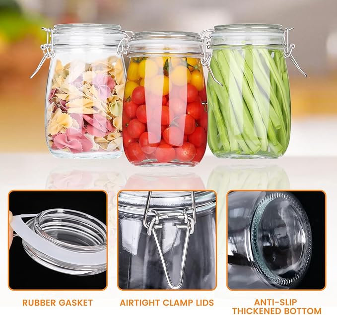 AuroTrends 32oz Glass Jars with Airtight Lid 4Pack, 960ML Large Kitchen Canisters with Leakproof Clamp Lids for Food, Flour, Pasta, Candy, Dog Treats, Snacks