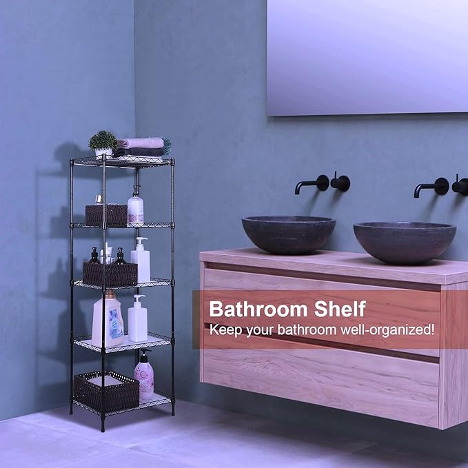 5-Tier Wire Shelving, 11.8x15.7x63in, Black - Heavy Duty Shelf - Kitchen Storage Shelves