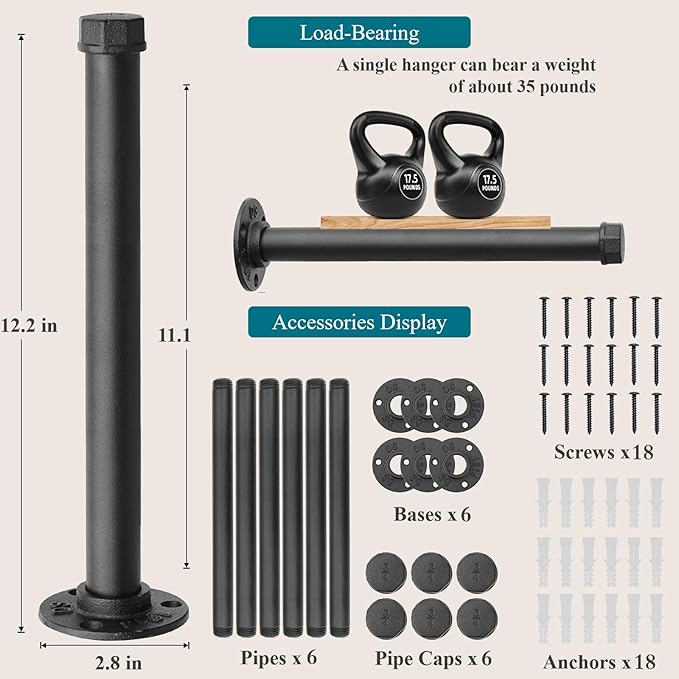 Cast Iron Wall Mounted Clothes Rack, Heavy Duty Industrial Pipe Clothing Rack for Hanging Clothes, Garment Racks for Wardrobe Organizers and Storage, DIY Closet Rods Closet Bar (Black 6 Pack, 12 in)-NeatNest