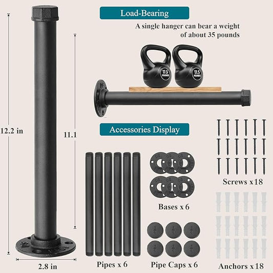 Cast Iron Wall Mounted Clothes Rack, Heavy Duty Industrial Pipe Clothing Rack for Hanging Clothes, Garment Racks for Wardrobe Organizers and Storage, DIY Closet Rods Closet Bar (Black 6 Pack, 12 in)-NeatNest