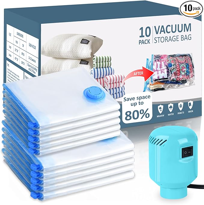 Large Vacuum Storage Bags with Electric Pump 10 Pack (5 Jumbo/5 Large) Vacuum Seal Bags for Clothing Compression Space Saver for Comforters,Blankets - Travel Essentials-NeatNest