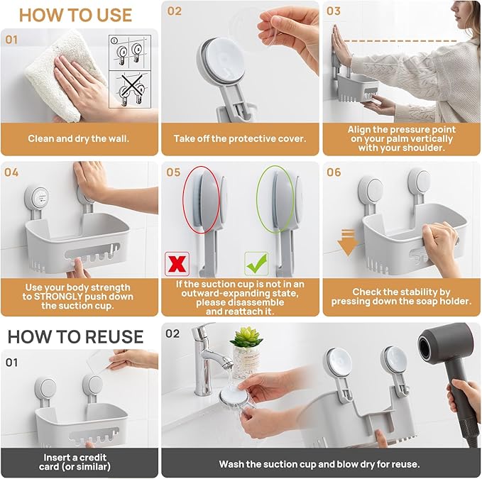 LEVERLOC Shower Caddy Suction Cup 2 Pack, Shower Organizer Removable Bathroom Shelf, Storage Suction Powerful Max Hold 22lbs Bathroom Caddy Waterproof Holder, Gray-NeatNest