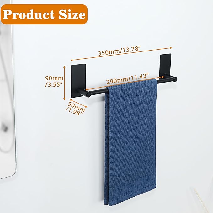 Alise Towel Racks for Bathroom, 12 Inch SUS 304 Stainless Steel Adhesive Towel Bar No Drill, Strong Adhesion Matte Black Towel Rack, Rustproof Bath Towel Holder