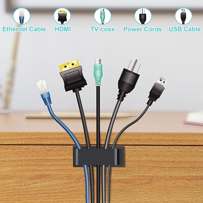 Cable Management Clips, Large Cord Clips for Under Desk Wire Management, Adhesive Organizer Multiple Cord (Computer/PC, Network, TV, Ethernet) Black 20 PCS-NeatNest